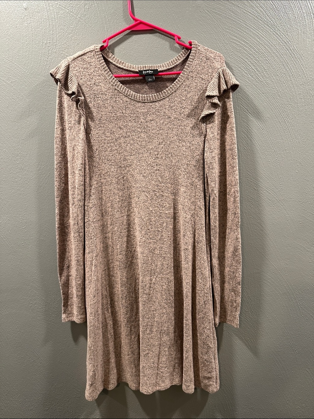 by & by Taupe Long Sleeve Ruffle-Shoulder Knit Dress
